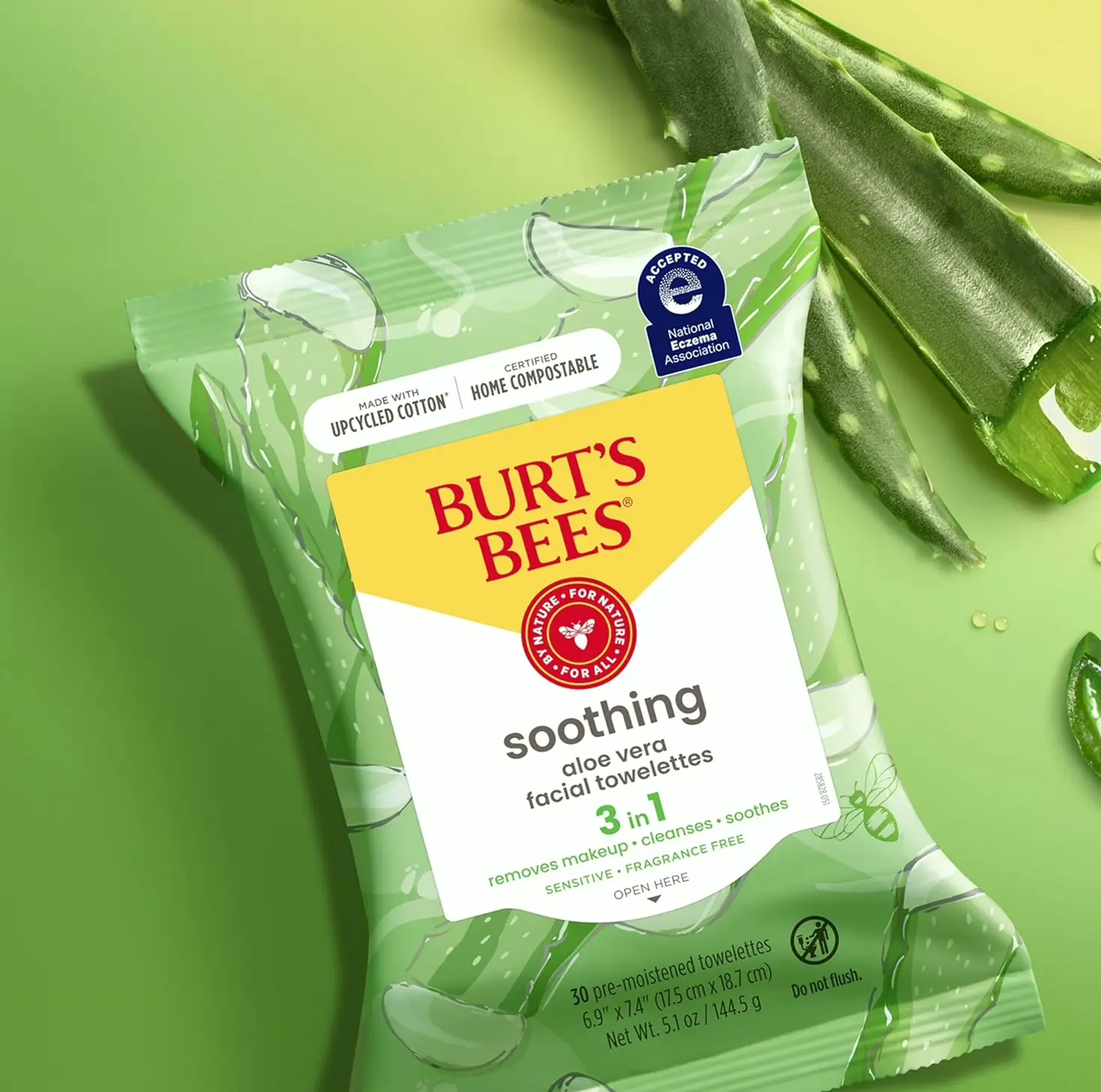 Burt Bee's Aloe Vera Face Towelettes, For Sensitive Skin, 3-Pack, 30 Ct Per Pack
