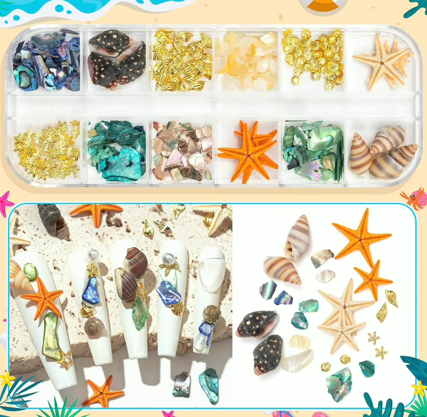 Ocean Nail Charms - 24 Sets including Shells, Starfish & Jewels