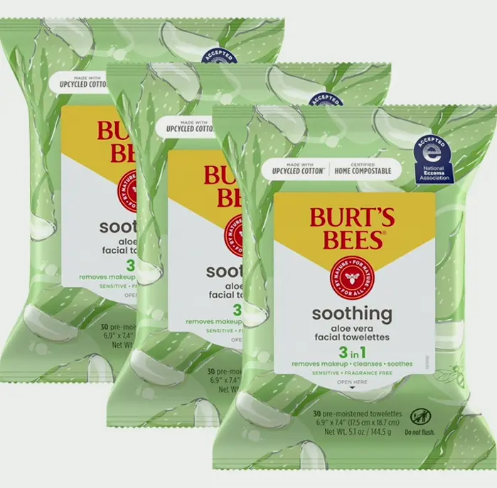 Burt Bee's Aloe Vera Face Towelettes, For Sensitive Skin, 3-Pack, 30 Ct Per Pack