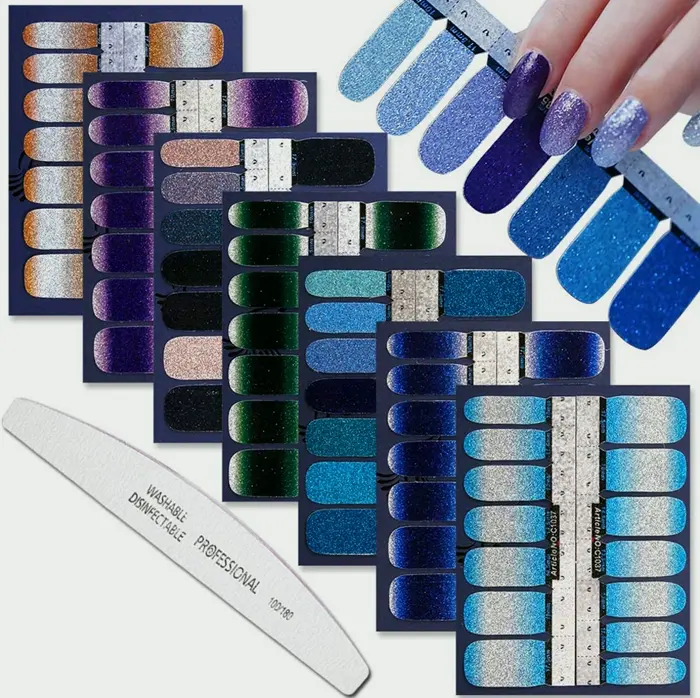 Wokoto 7 Sheets Adhesive Nail Art Polish Stickers Glitter Gradient