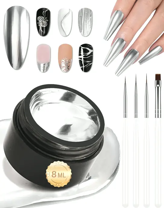 Metallic Art Gel with Tools Set, Silver Glossy 3D Nail Polish