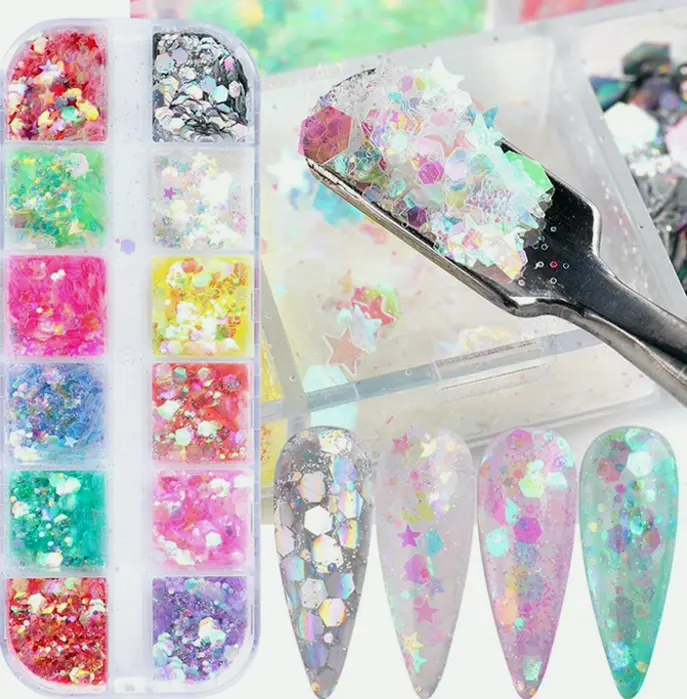 12-Color Mermaid Nails Glitter Set