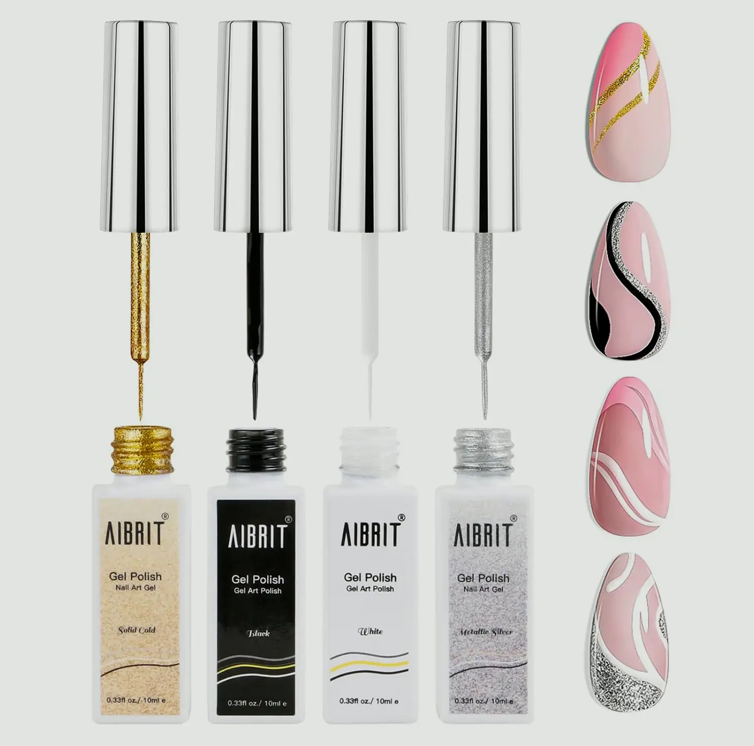 Gel Design Polish Collection 10mL, 4 Shades: Black, White, Gold, Metallic