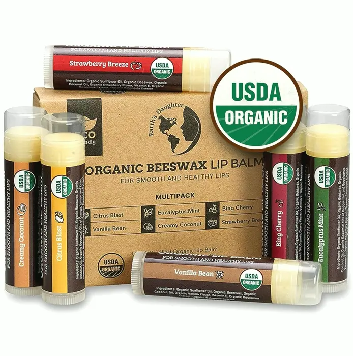 Organic Lip Balm 6-Pack - Fruit Flavors, Beeswax, Vitamin E