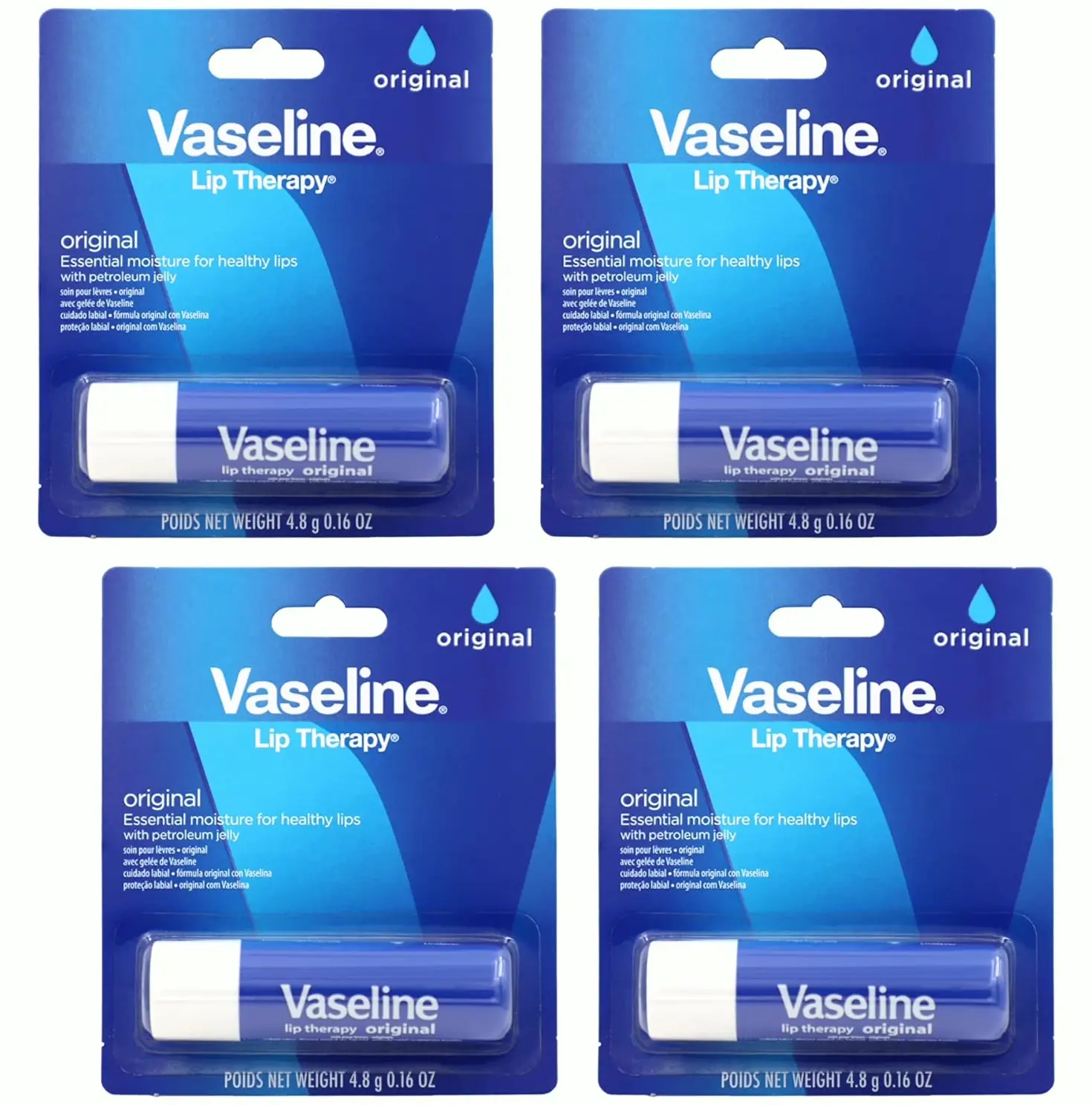Vaseline Standard Lip Therapy, Perfect for Dry Lips, 0.16 (Pack of 4)